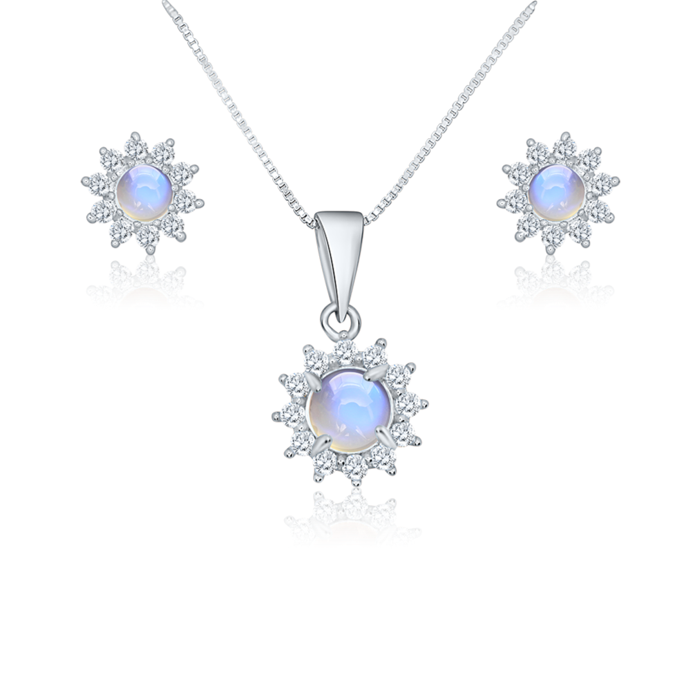 Feminine Honey Necklace & Earrings set with Genuine Rainbow Moonstone in Sterling Silver